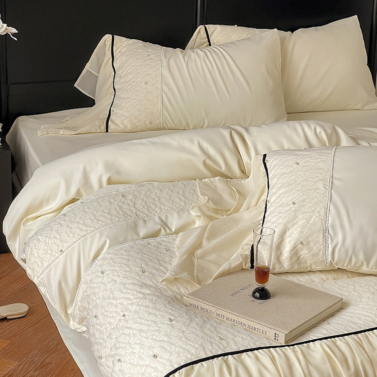 Luxurious bedding set with chiffon ruffles, comforter and contrast piping — product view 4