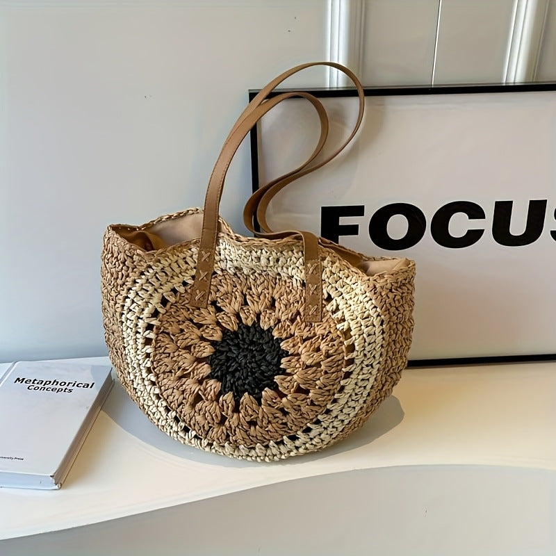 Macrame Beach Bag with Brown Leather Handles LoungeYard — product view 3