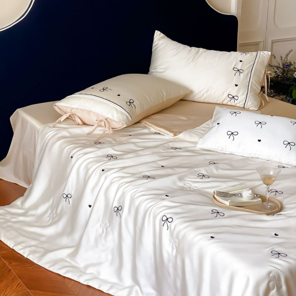 Fine silk look cotton satin bed linen set with delicate ribbon embroidery and ties — product view 3