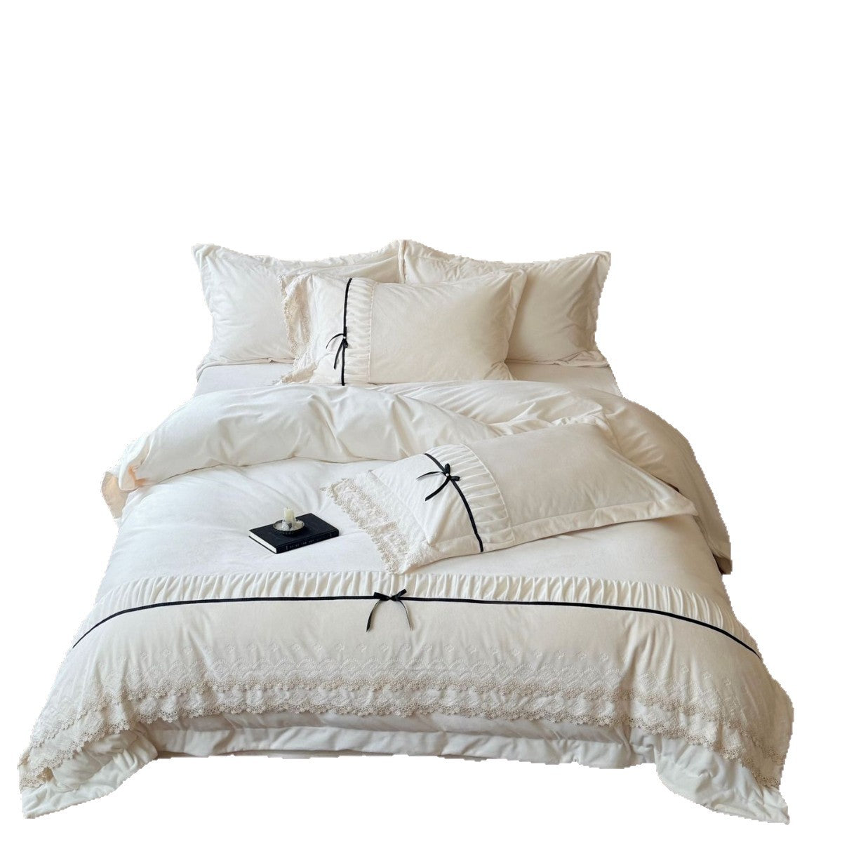 Romantic cotton satin bed linen set with ruffled hem, lace trim and decorative ribbons LoungeYard — product view 5