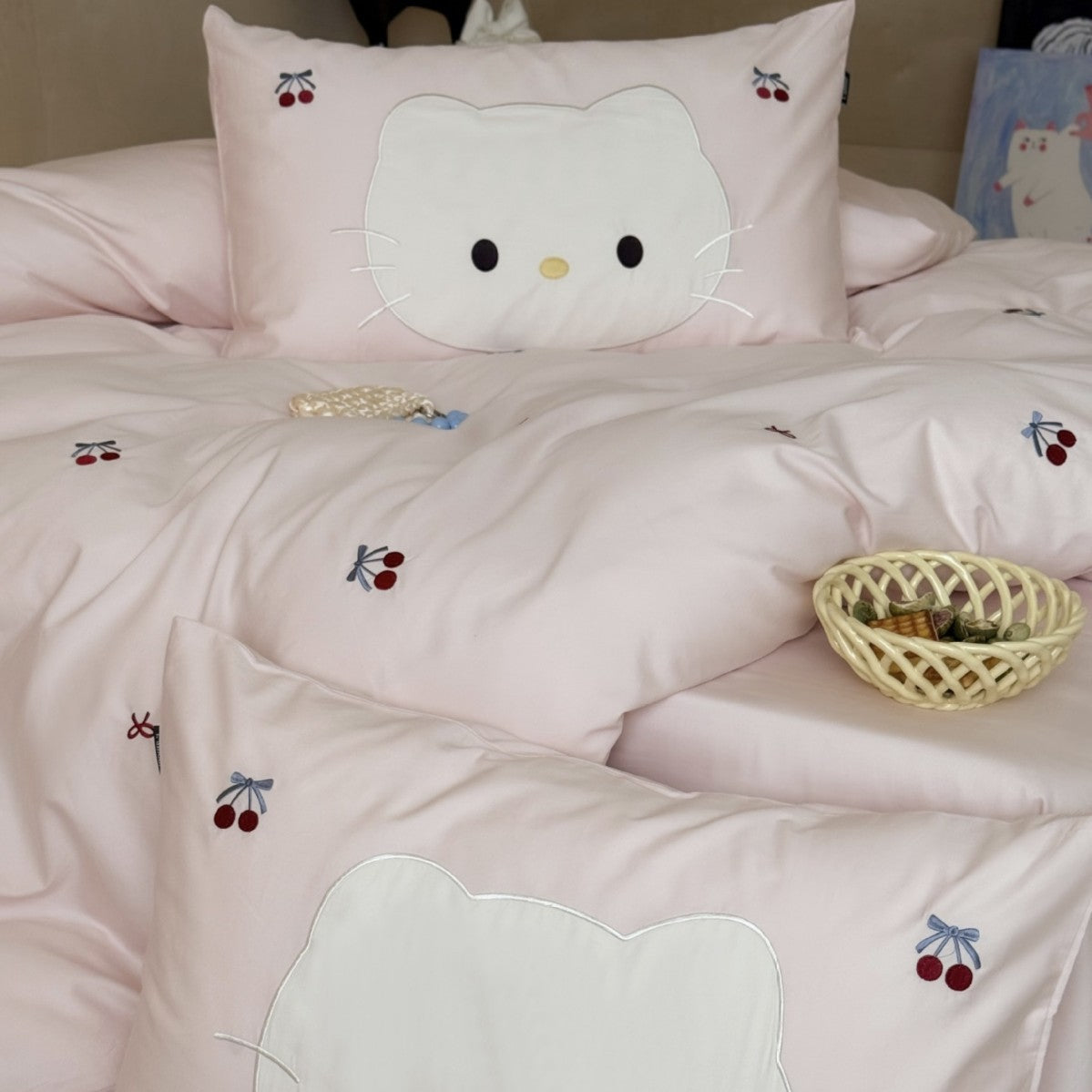 Cute embroidered bedding set with cat applique and cherry motif LoungeYard — product view 4