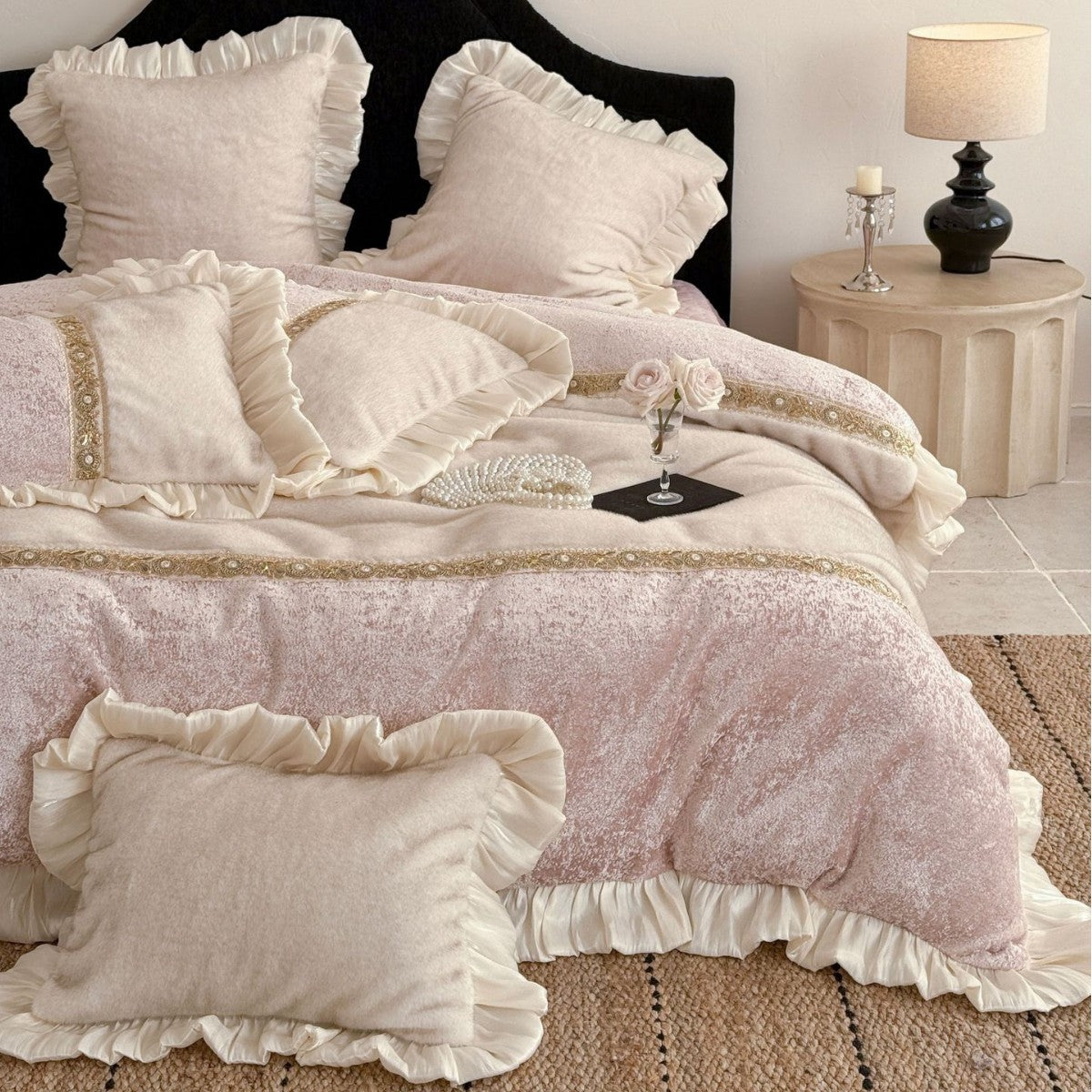 Romantic velvet bedding set with gathered satin frills and decorative ribbon — product view 4