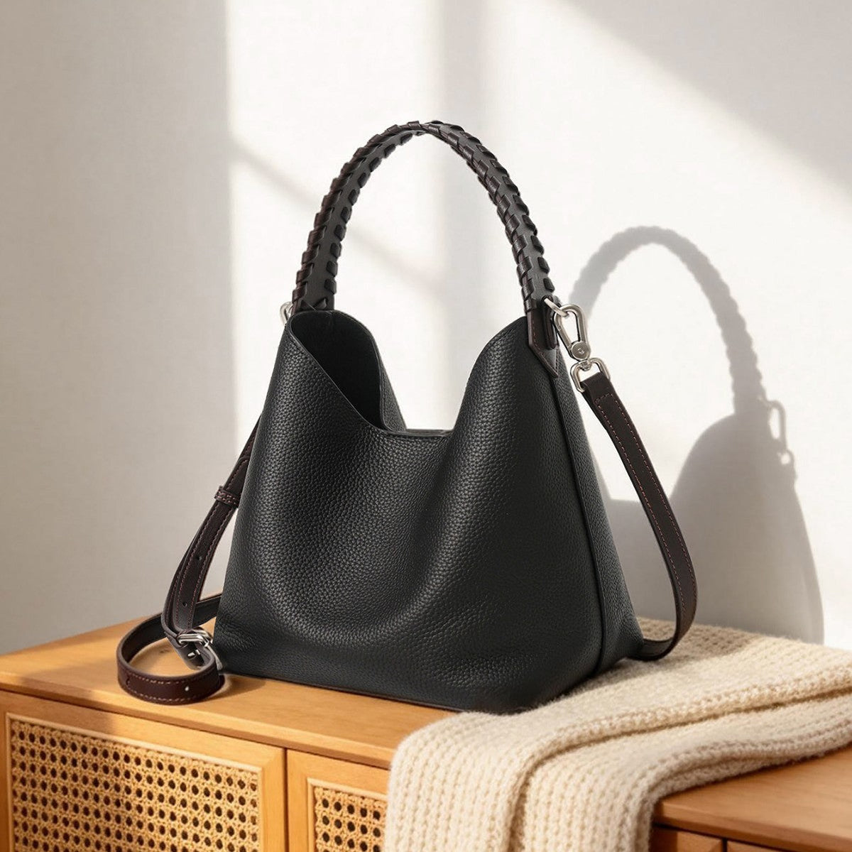 Pebbled Leather Bucket Hobo Bag with Braided Top Handle & Detachable Shoulder Strap — product view 1