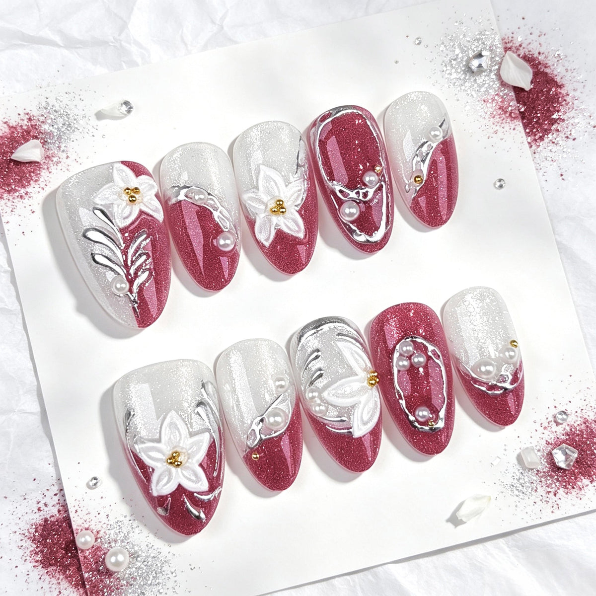 Elegant Press-On Nail Art Set with Bows and Floral Accents — product view 3