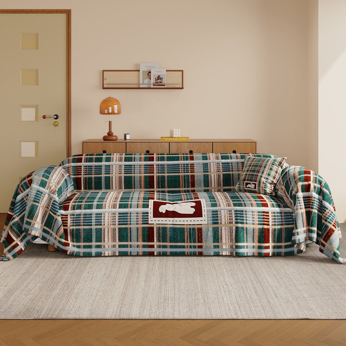 Brushed Microfiber Plaid Sofa Slipcover Throw with Bunny Appliqué and Removable Cushion Cover — product view 2