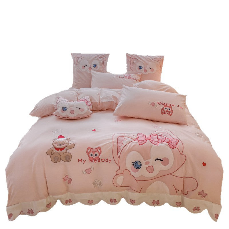 Playful children's bedding set with embroidered cat appliqué and cuddle pillow — product view 5