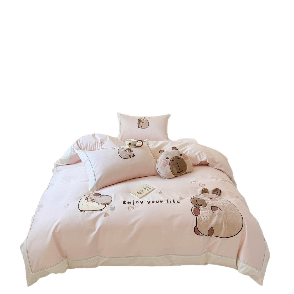 Kawaii bedding set with appliquéd plush bears and breathable cotton satin — product view 5