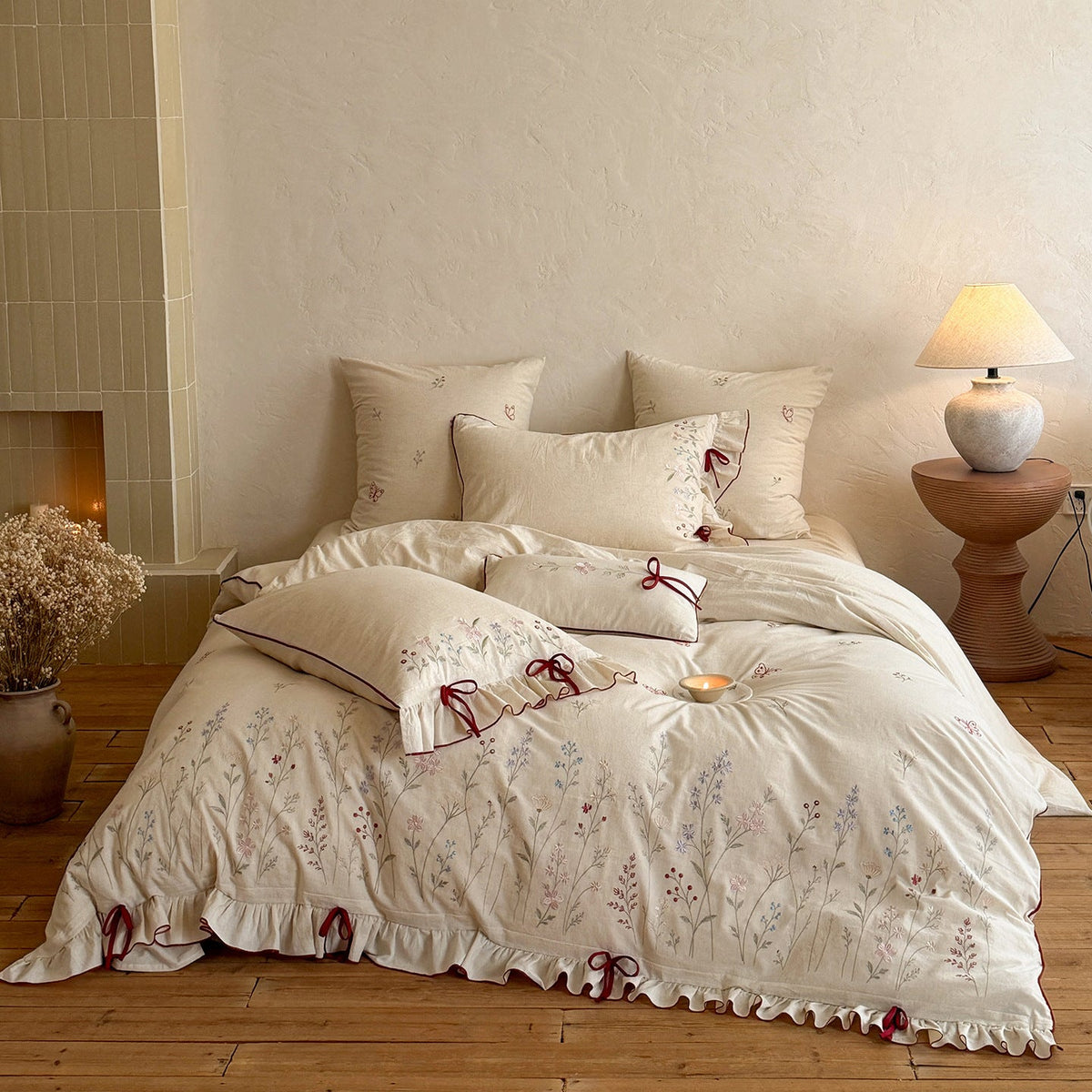 Luxurious linen bedding set with hand-embroidered bamboo and bird motif LoungeYard — product view 4