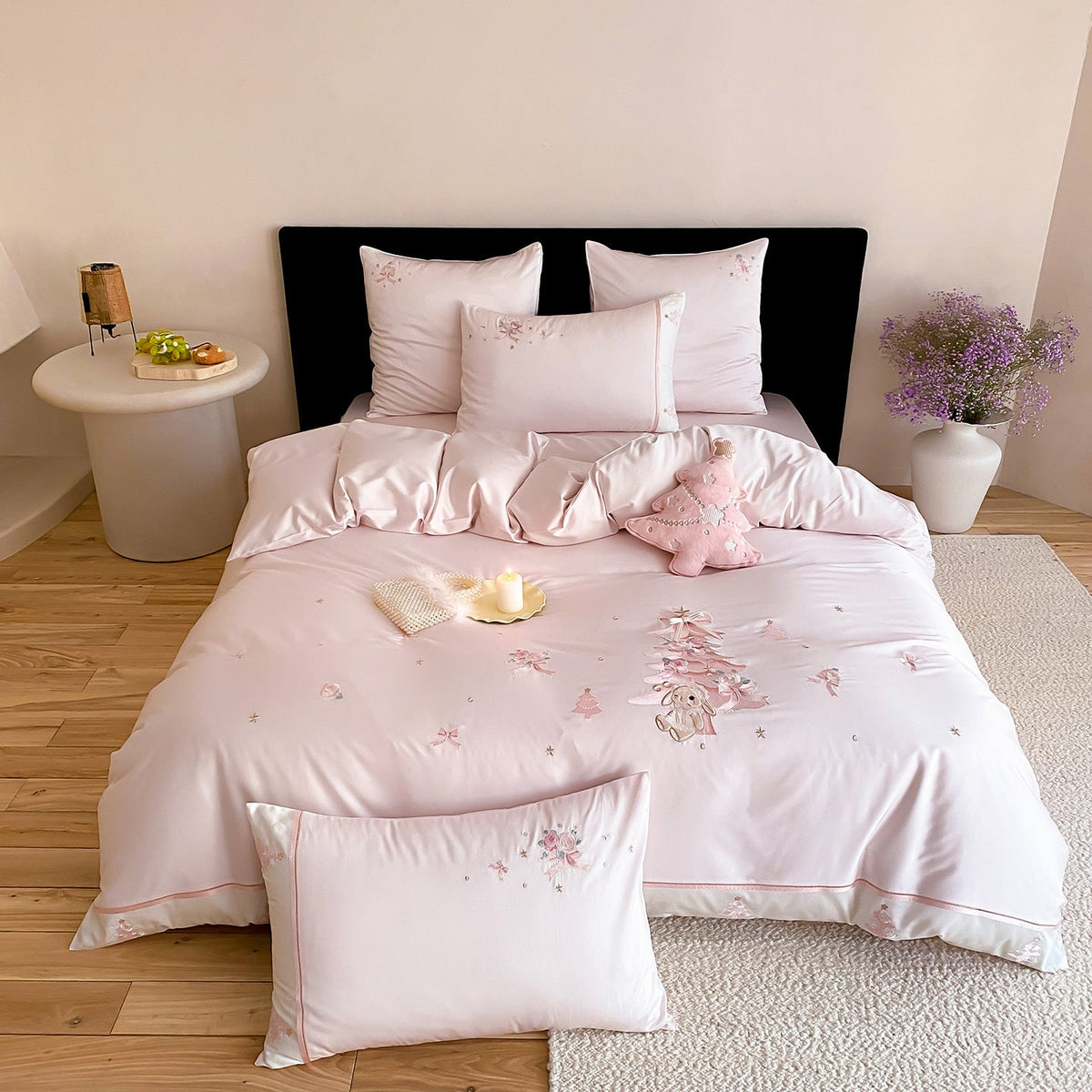 Romantic bedding set made of fine cotton satin with delicate embroidery and decorative cushion — product view 6