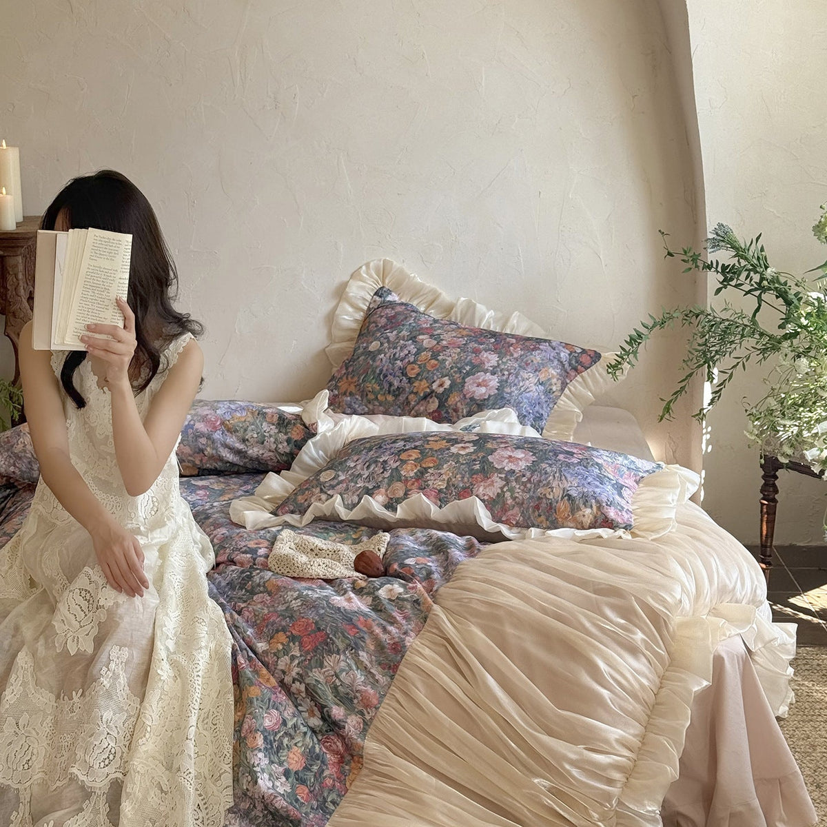 Romantic bedding set with floral center panel and pleated satin ruffle — product view 3