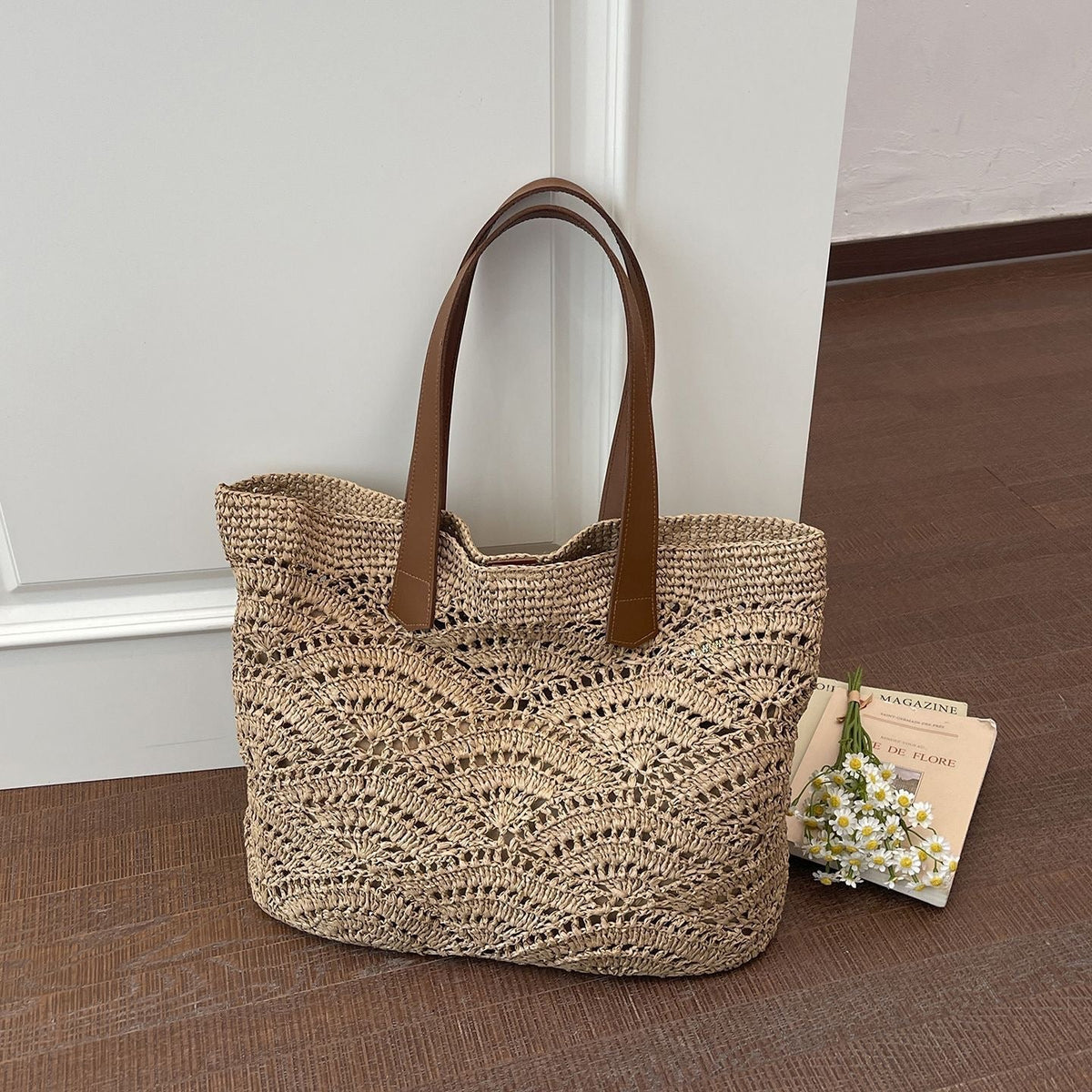 Handwoven macrame bag with leather handles LoungeYard — product view 6