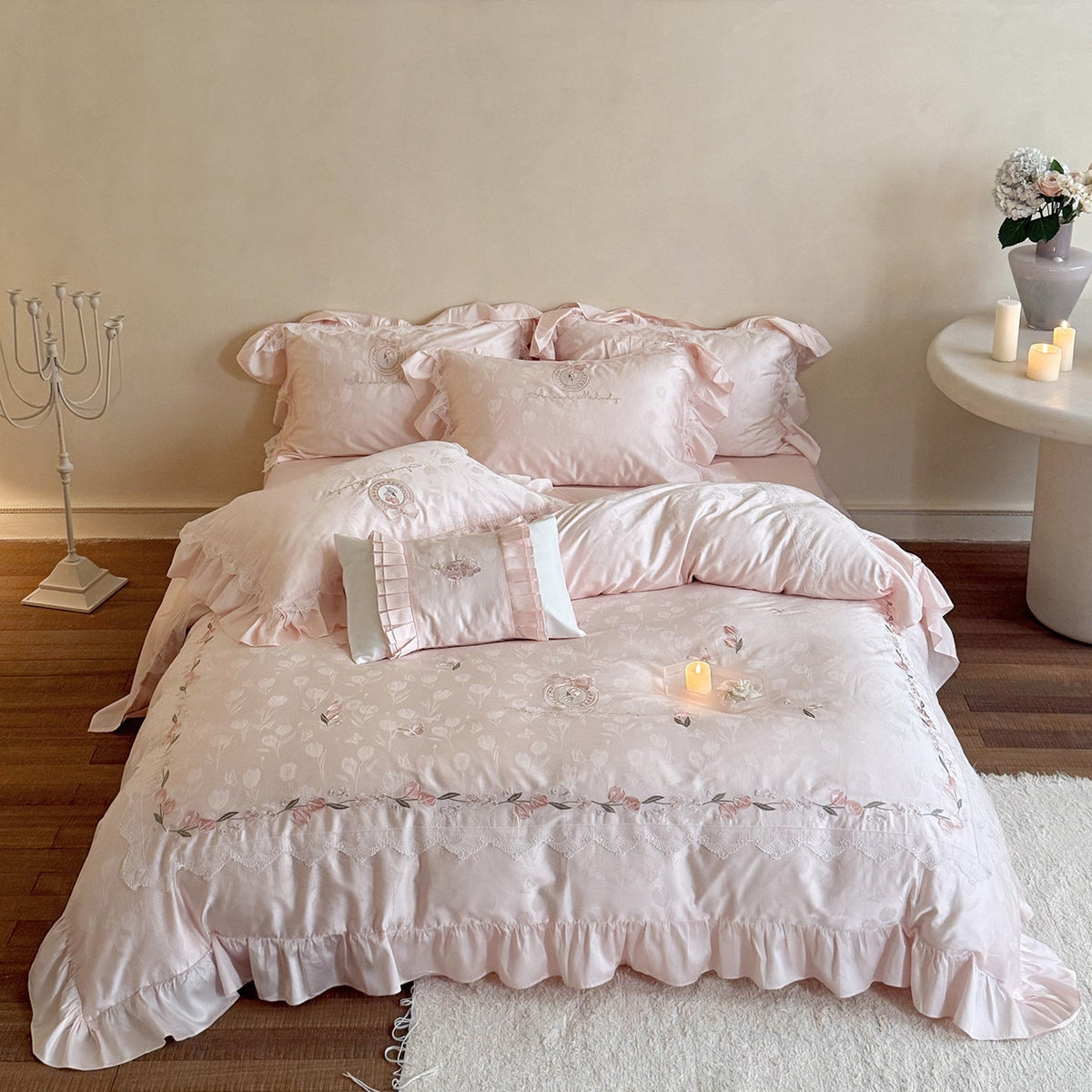 Romantic satin bedding set with embroidered floral design, ruffle and pillowcases — product view 7