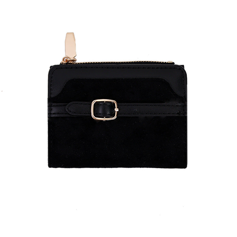 Compact Suede-Effect Bifold Wallet with Decorative Buckle and Zip Coin Pocket LoungeYard — product view 6