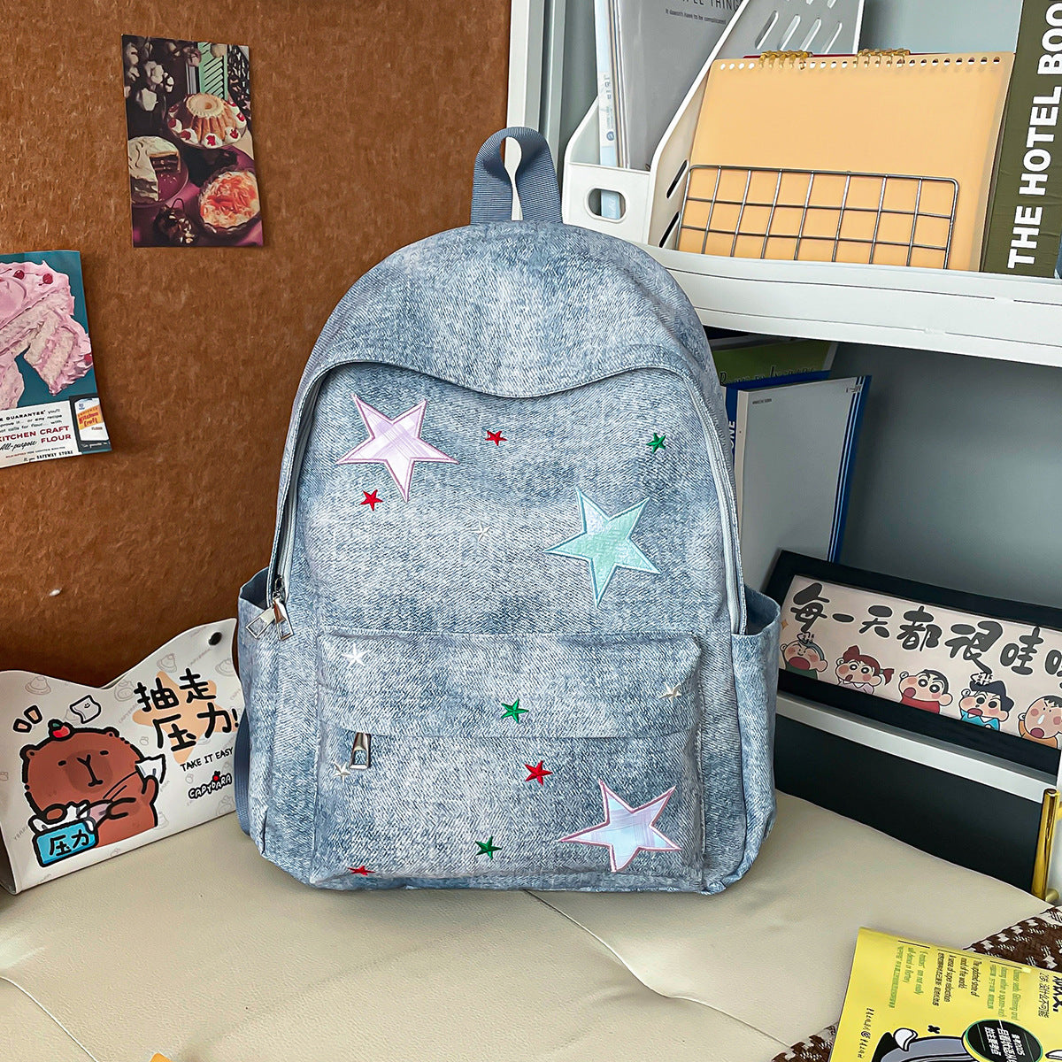 Casual Star-Print Denim Backpack LoungeYard — product view 7