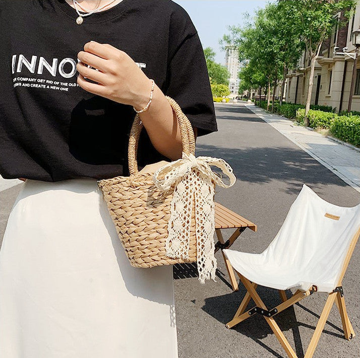 Playful basket bag with lace ribbon LoungeYard — product view 1