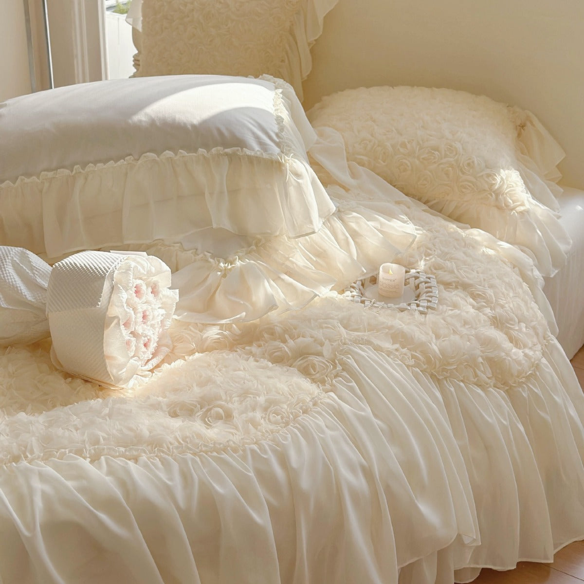 Romantic luxury bedding set with ruffles, rose appliqué, and frill — product view 2