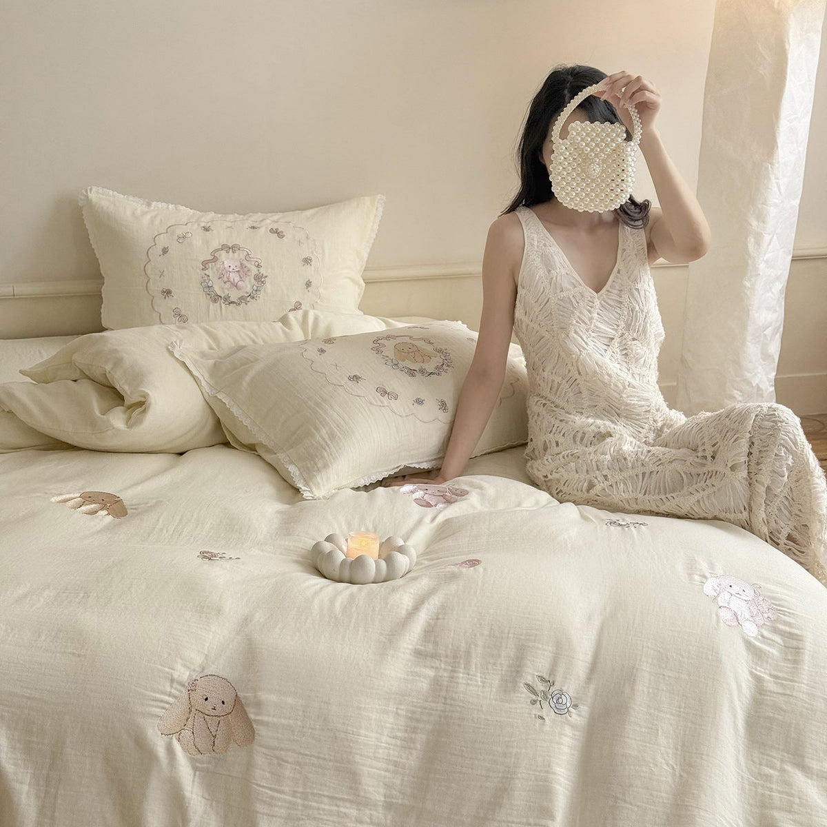 Embroidered cotton bed linen set with vintage roses and frill edges LoungeYard — product view 1