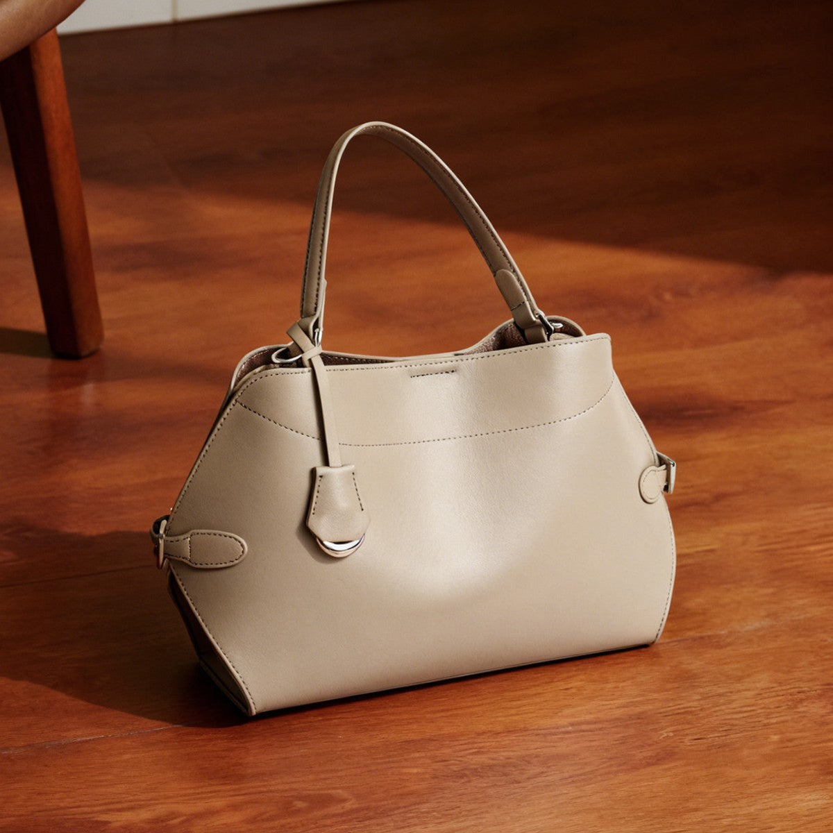 Structured Smooth Leather Top-Handle Tote Bag with Silver Hardware — product view 5