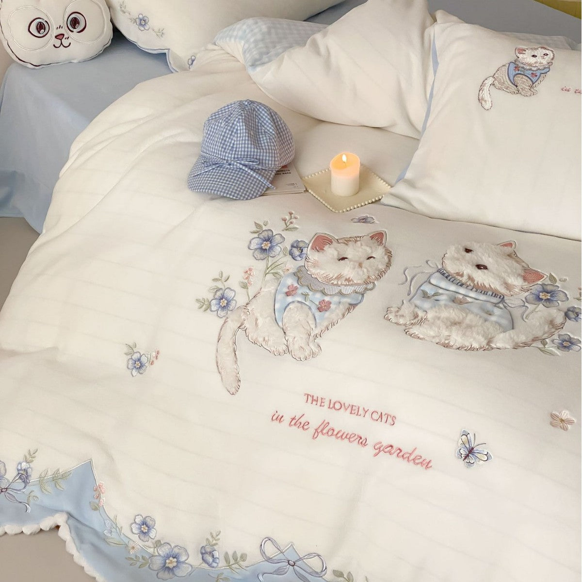 Delicate embroidered cotton bedding set with 3D cat applique and ruffle LoungeYard — product view 2