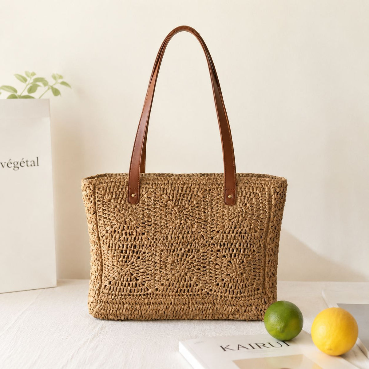 Braided jute bag with leather handles LoungeYard — product view 2