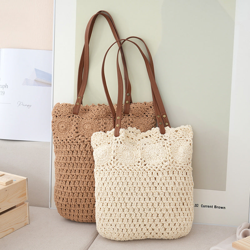Crochet tote bag with leather handles LoungeYard — product view 2