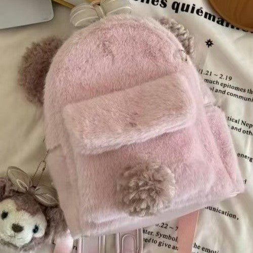 Plush backpack with cute animal ears and pompom LoungeYard — product view 3