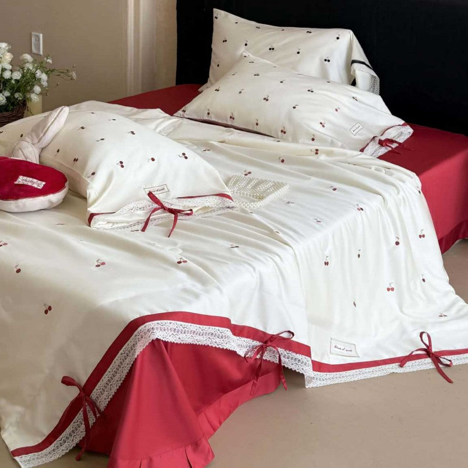 Luxurious cotton satin bedding set with cherry print, lace trim and frill — product view 6