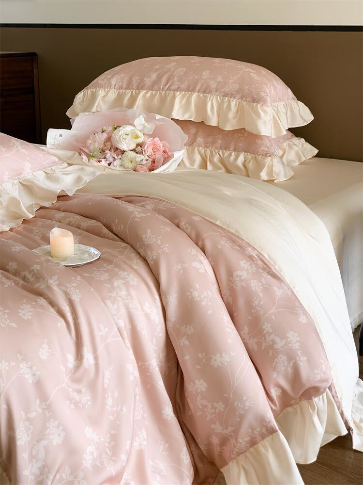 Romantic ruffled bed set made of cotton percale with floral jacquard print — product view 5