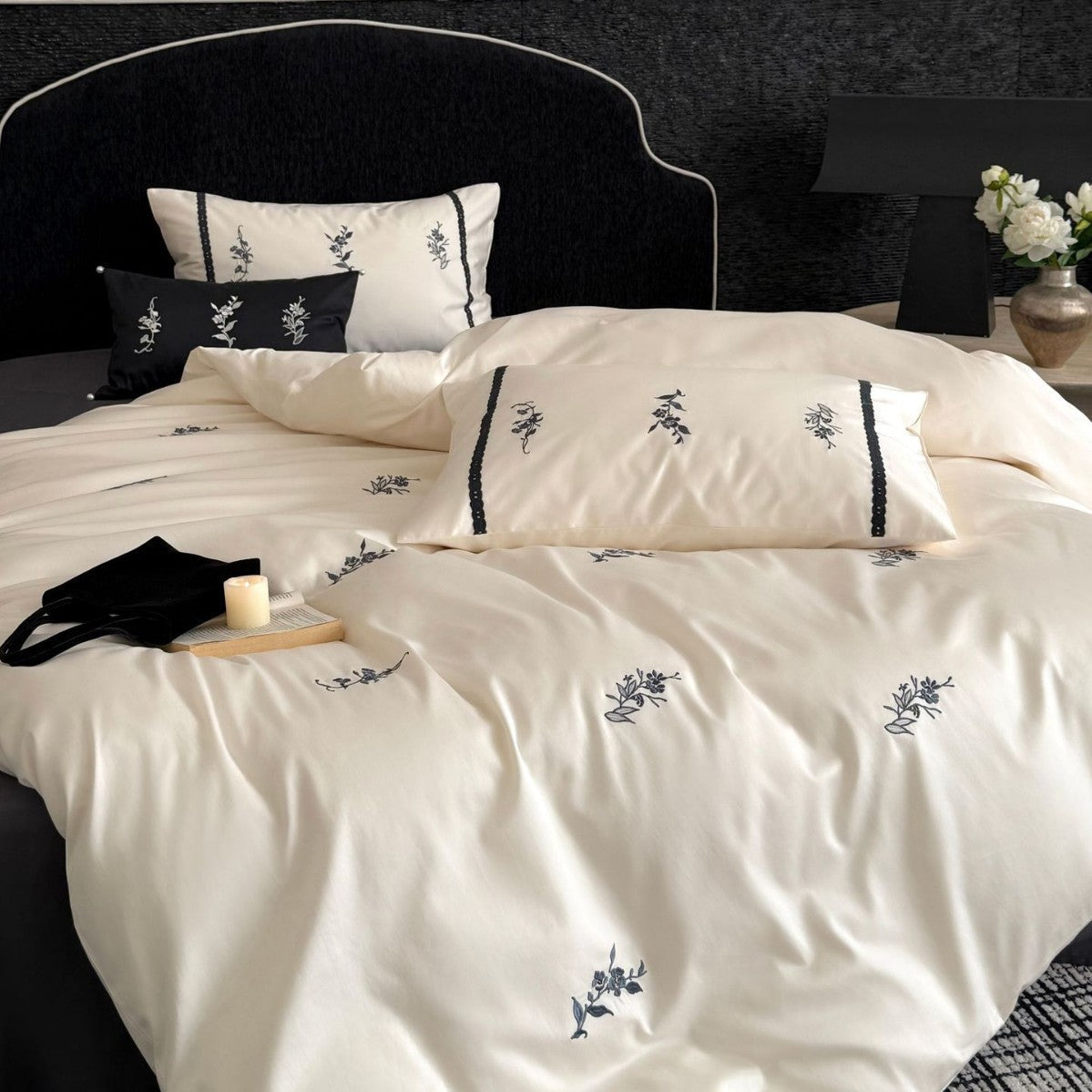 Luxurious satin bed linen set with fine floral embroidery LoungeYard — product view 1
