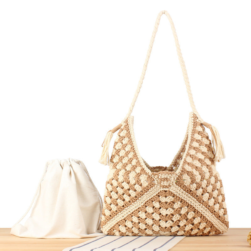 Handbag with artistic macrame design and durable inner bag LoungeYard — product view 1