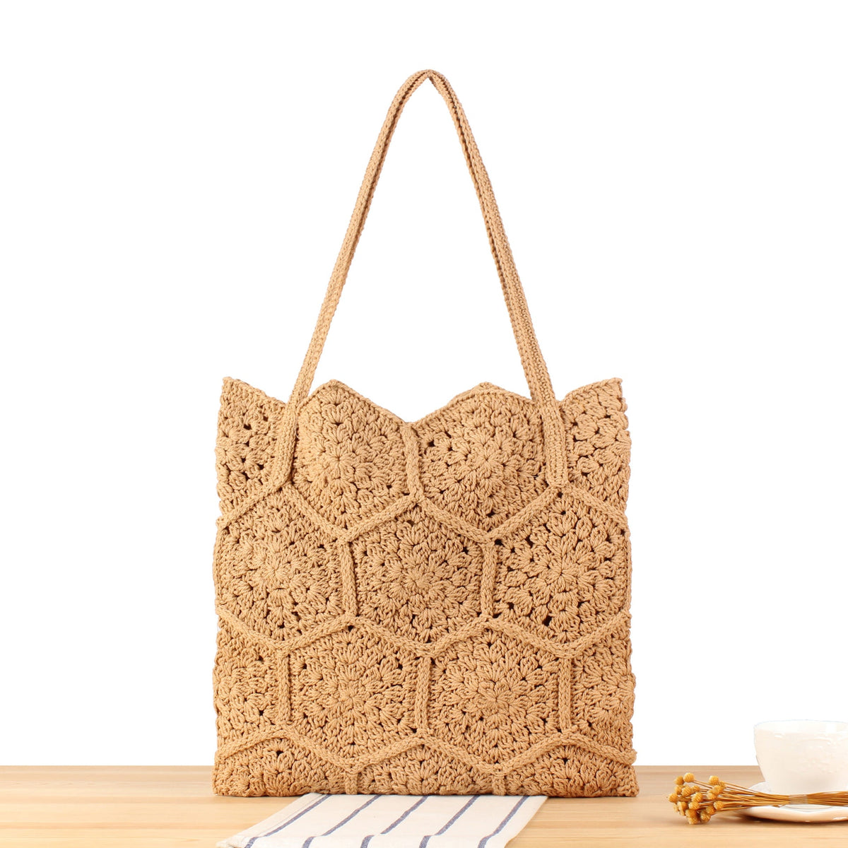 Handcrafted macrame tote bag with unique honeycomb pattern LoungeYard — product view 6