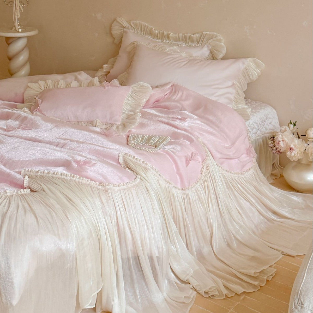 Luxurious satin bedding set with ruffles, pleated bed skirt and decorative pillow — product view 1