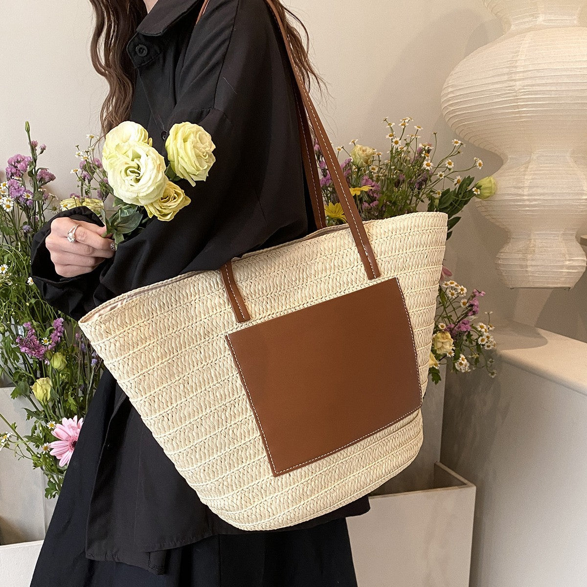 Spacious macrame tote bag with elegant leather accent LoungeYard — product view 3