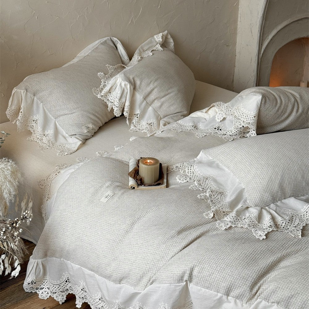 Romantic cotton-linen bedding set with crocheted lace trim and ruffle — product view 2