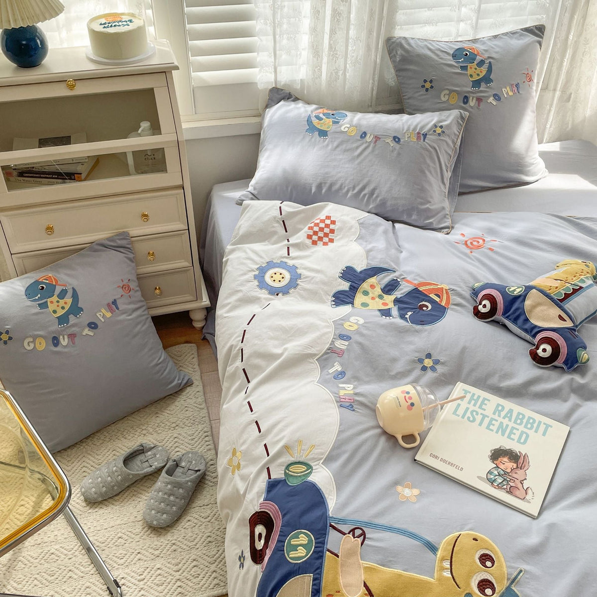 Children's bedding set with embroidered dinosaur and car appliqués LoungeYard — product view 2