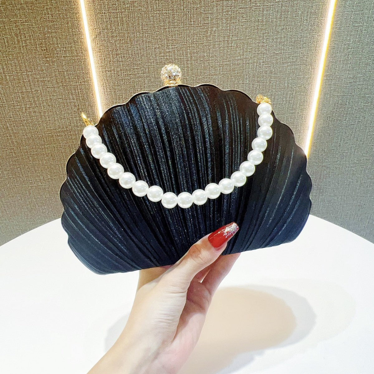 Pearl-Accented Pleated Evening Clutch — product view 7
