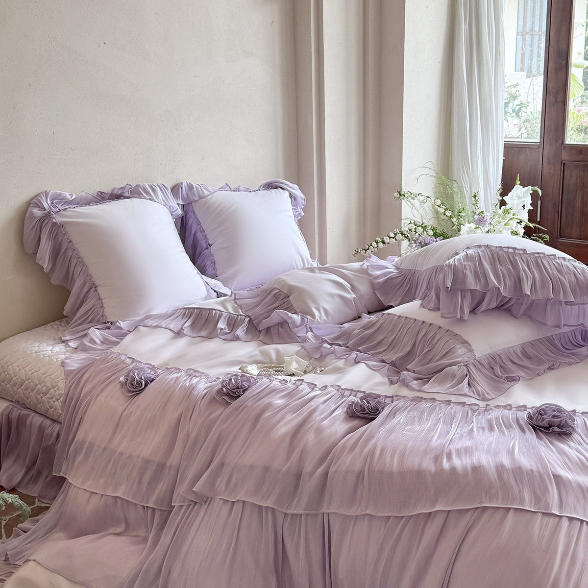 Romantic satin bedding set with layered ruffles and rose appliqués — product view 2