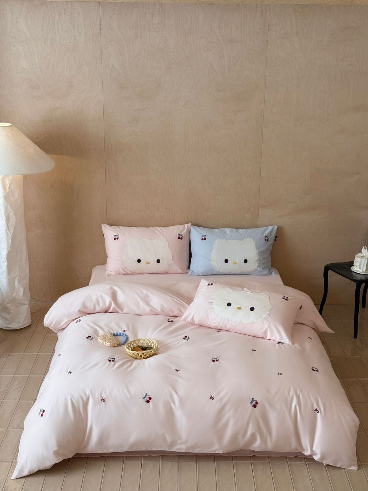 Cute embroidered bedding set with cat applique and cherry motif LoungeYard — product view 6