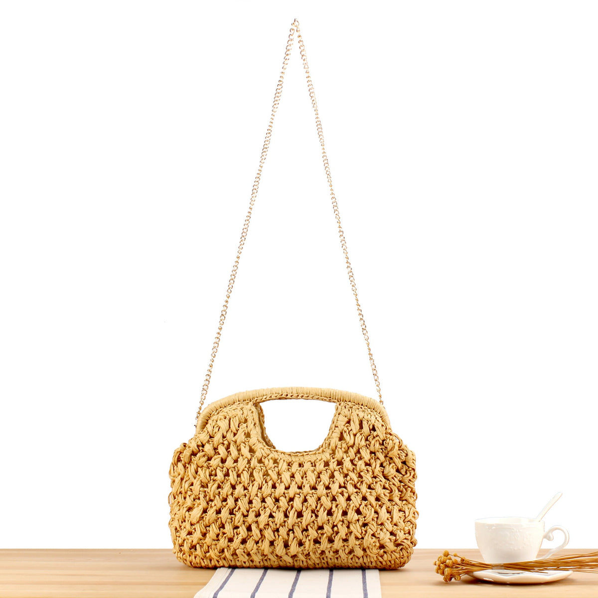 Fine straw shoulder bag with elegant chain accents LoungeYard — product view 7