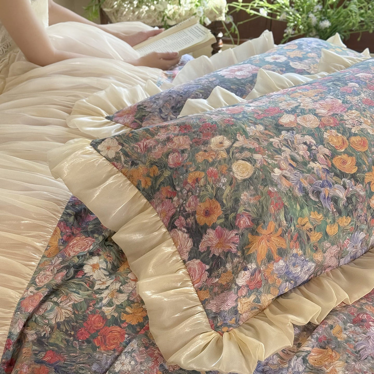 Romantic bedding set with floral center panel and pleated satin ruffle — product view 4