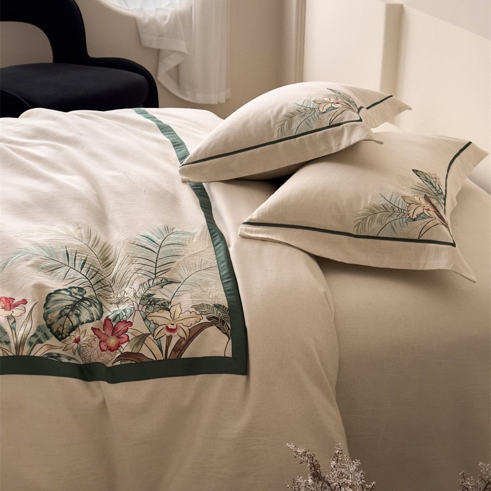 Bedding set with exotic landscape print and cotton-linen blend — product view 2
