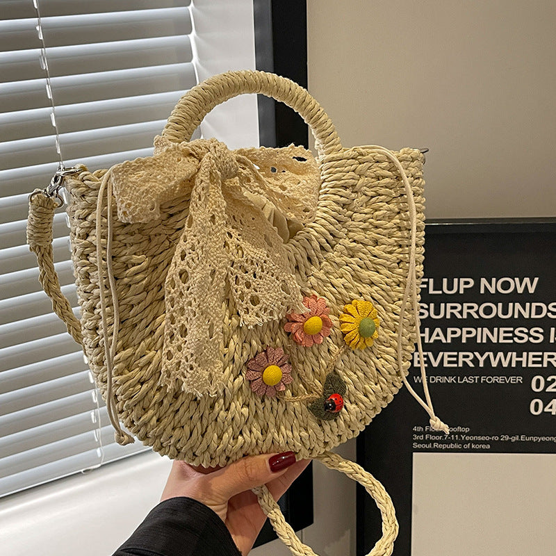 Handcrafted Floral Accent Straw Handbag — product view 4