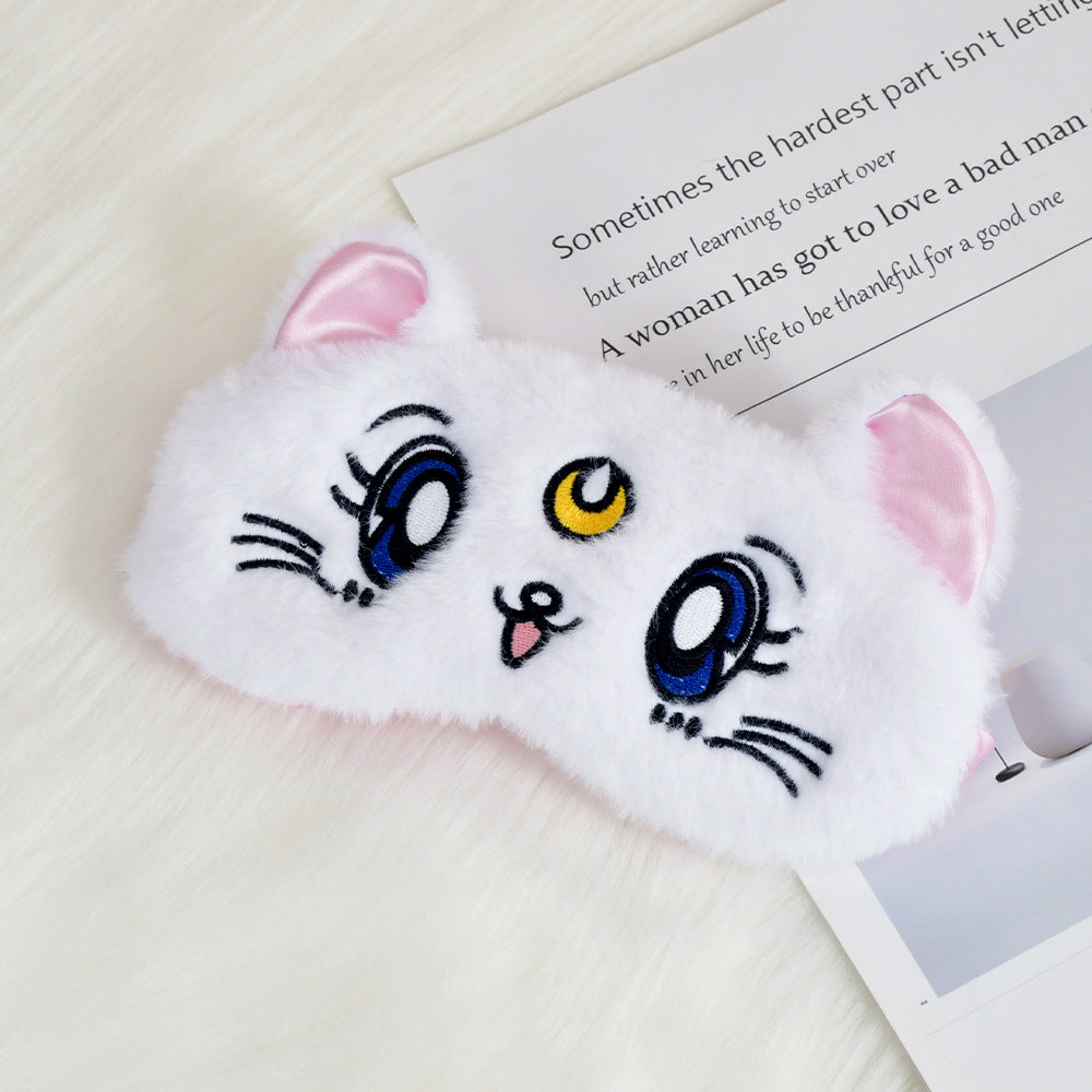 Women's fluffy sleep mask with embroidered cat design and soft comfort ears LoungeYard — product view 1