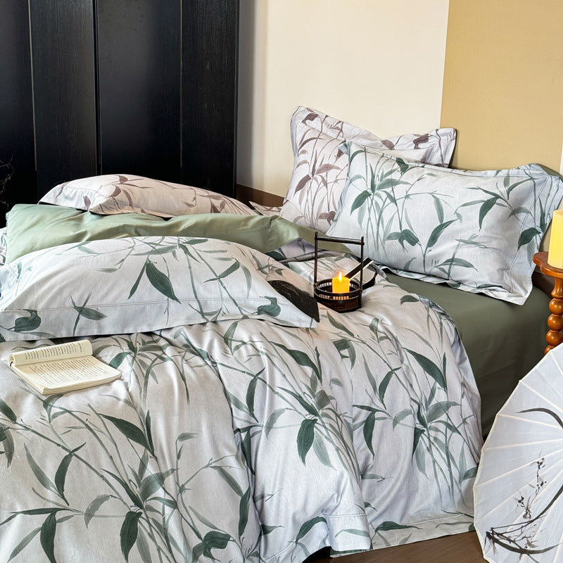 Bedding set made of cotton satin with botanical bamboo leaf print and reversible pillowcases — product view 2