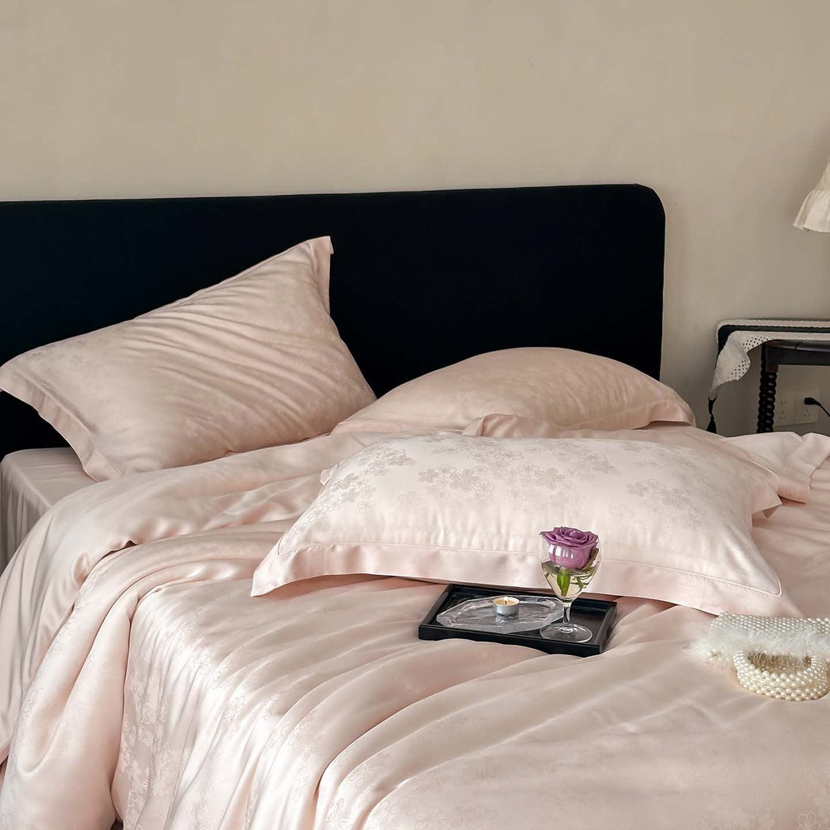 Noble satin bedding set with woven floral relief and envelope edge — product view 1