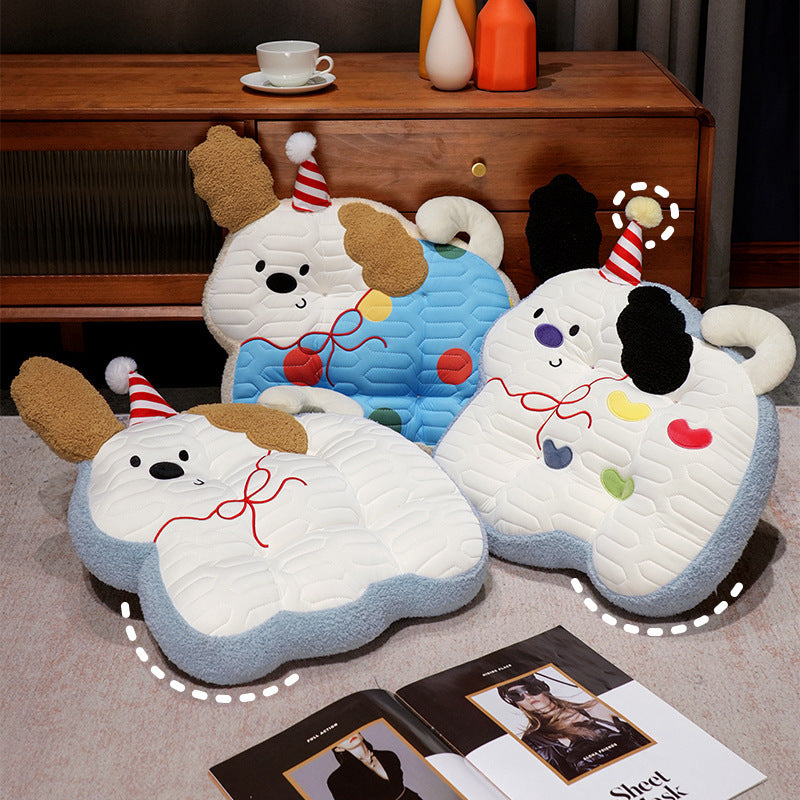 Padded plush dog-shaped cushion with ergonomic seating recess — product view 1