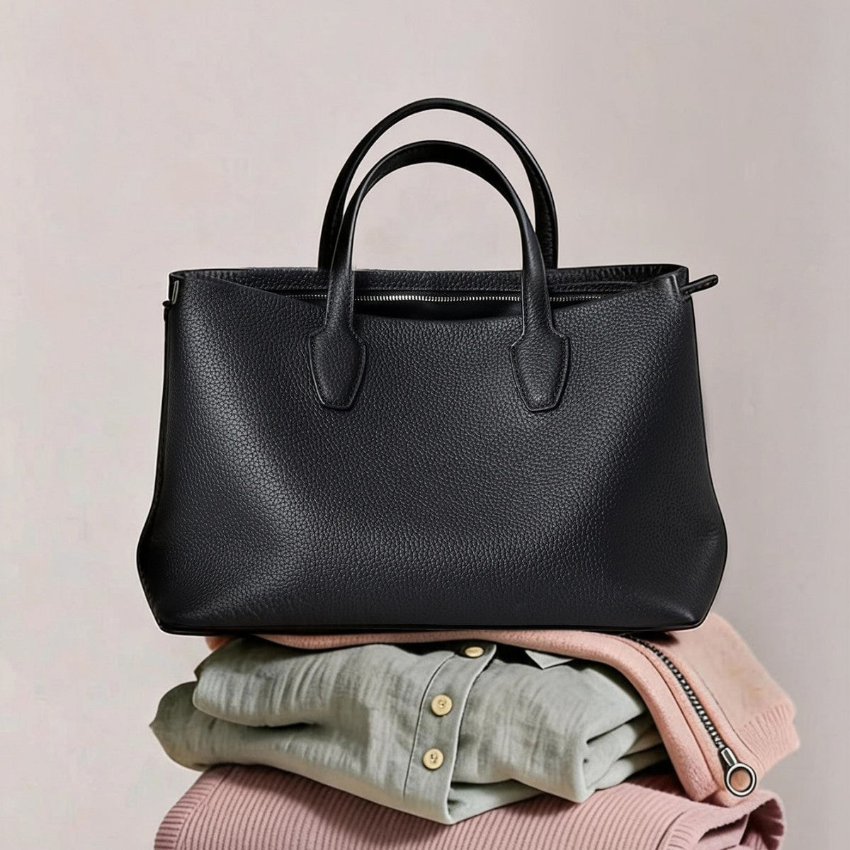 Structured Pebbled Leather Top-Zip Tote Bag — product view 2