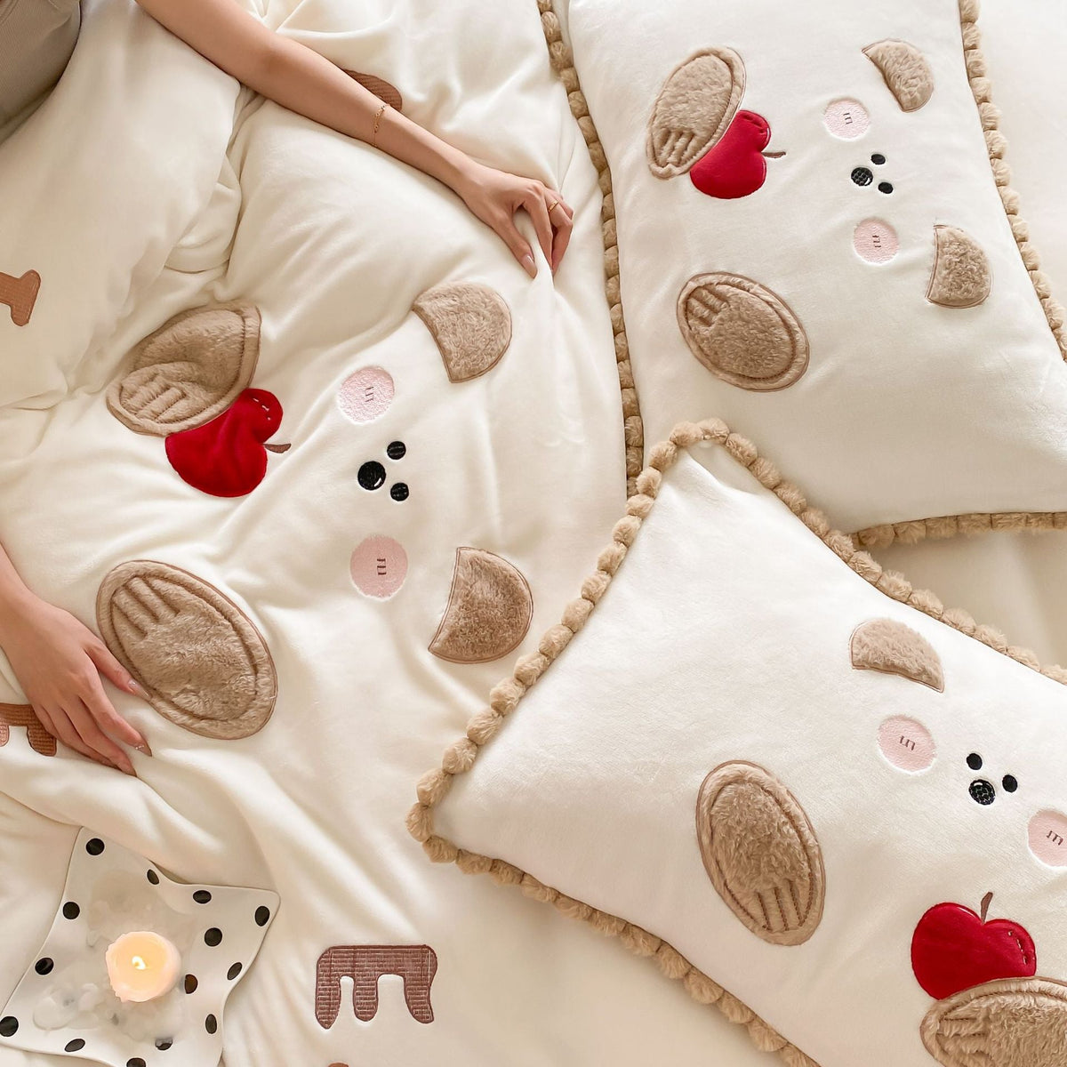 Kids Bedding Set with Plush Puppy, Vichy Check and Pom-Pom Trim — product view 3