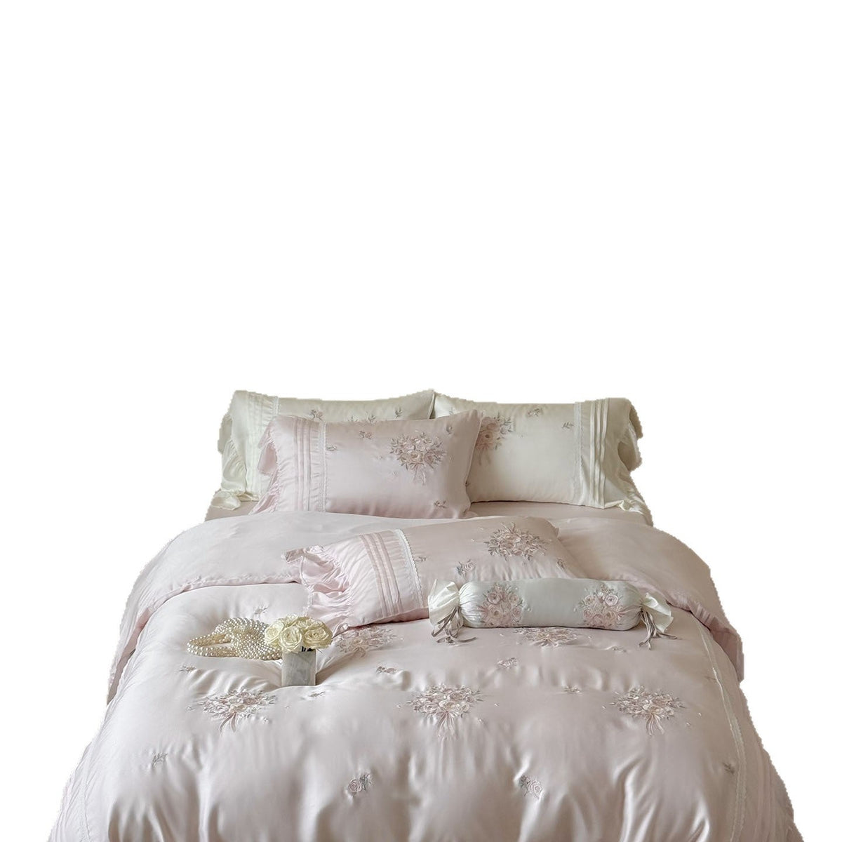 Fine glossy satin bedding set with embroidered rose bouquets and decorative pillow roll LoungeYard — product view 4