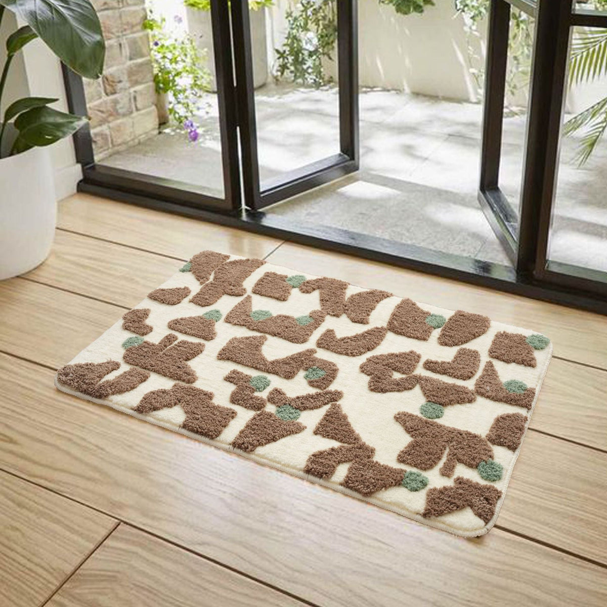 Tufted bathroom mat in abstract leopard pattern with soft high pile LoungeYard — product view 2